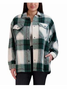 HFX Women’s M Green Ivory Plaid Oversized Shacket Shirt Jacket Wool Blend